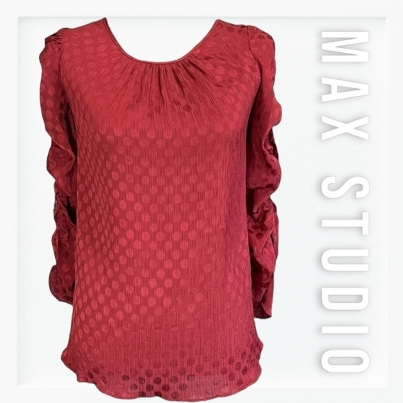 Max Studio Polka Dot Shimmer Ruched Sleeve Blouse sz S - Picture 1 of 12